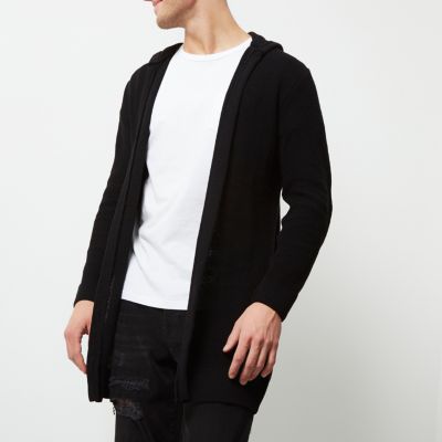 Black tapered hooded longline cardigan